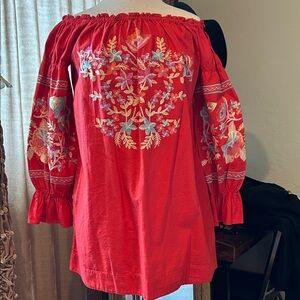 Free People Red Embroidered Off-Shoulder Tunic